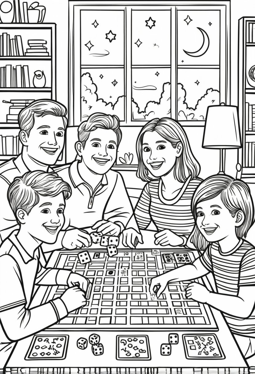 Family Coloring Pages 16 Fun and Creative Designs for All Ages 27 A family of four sitting around a table playing board games in a cozy living room.